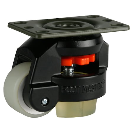 Foot Master Leveling Caster, 50 mm PU Wheel, 2-1/2 x 3-1/4 Plate, Swivel, 280 kg Cap, PU Foot Pad, Black GD-60-F-HUP-CUR-FBL-PUS